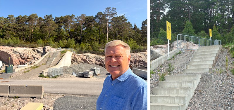 Torgeir Verdal fra TOPO-gruppen og trapp som viser gulvhøyden for boliger som skal oppføres