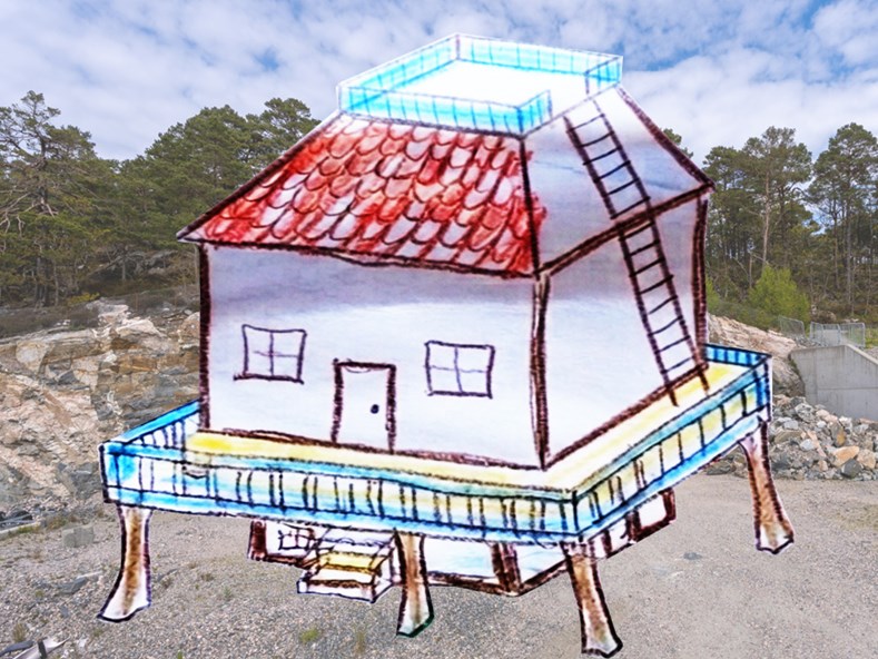 Drømmehus med 360° balkong og takterrasse. Design: Alma 6 år og Egil 8 år
