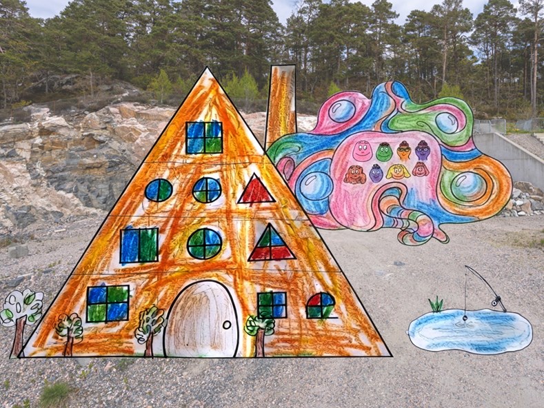 Drømmehus med fiskedam. Design: Alma 6 år og Egil 8 år